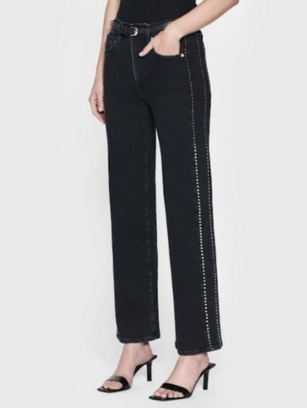 NWT Frame Le Sleek Straight Black Stud-Trim Denim Jeans